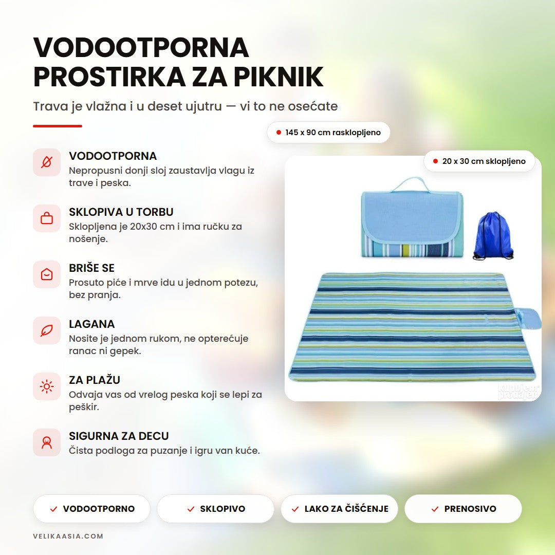 Vodootporna prostirka za piknik — naslovna infografika