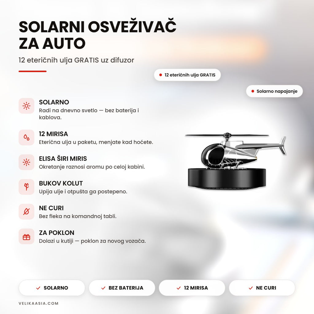 Solarni osveživač za auto — naslovna infografika