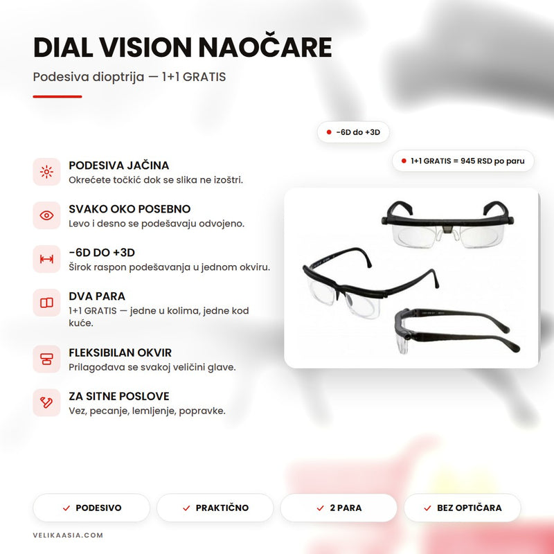 Dial Vision naočare sa podesivom dioptrijom — naslovna infografika