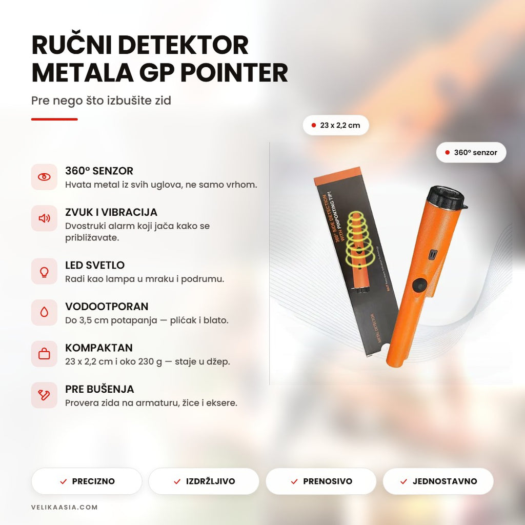 Ručni detektor metala GP Pointer — naslovna infografika