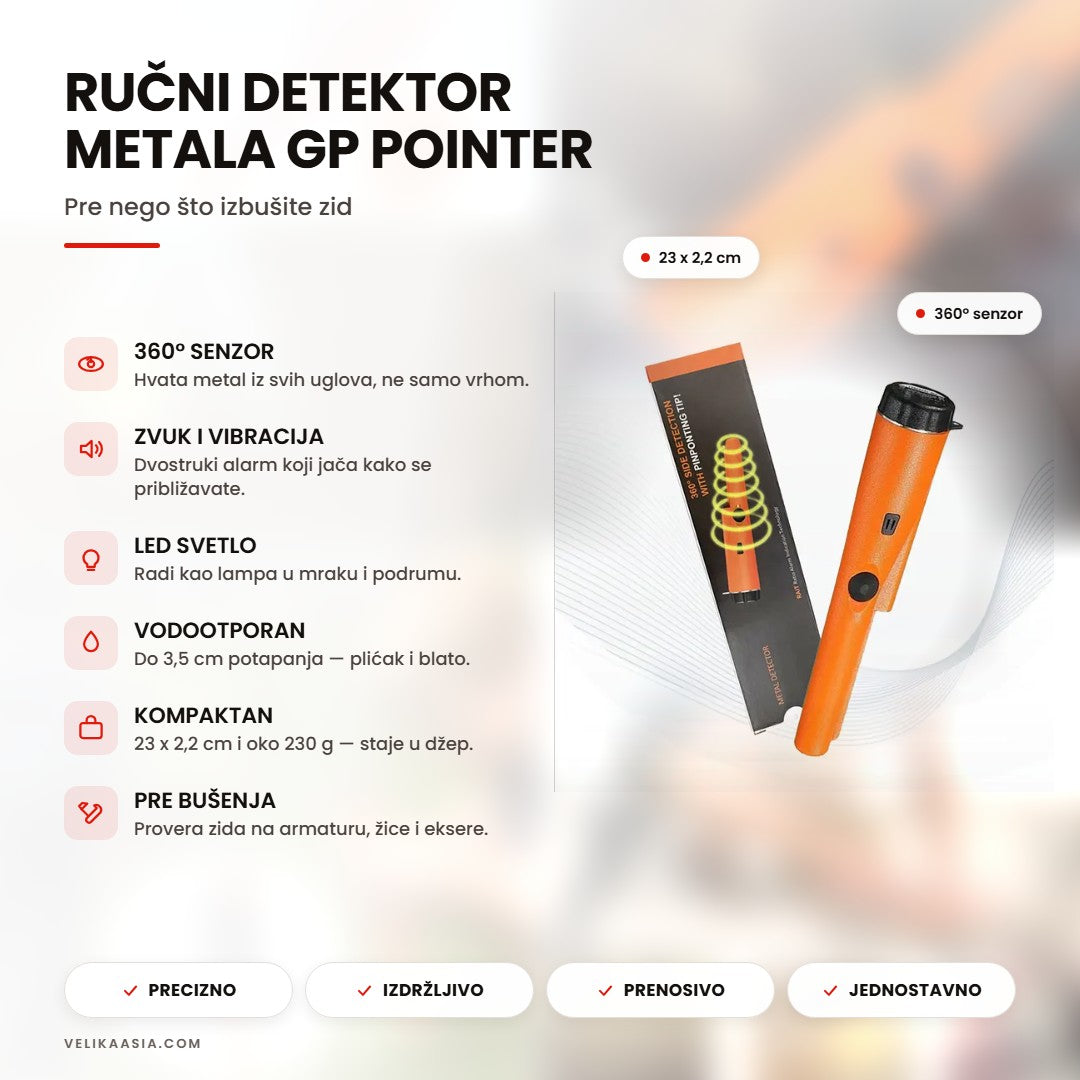 Ručni detektor metala GP Pointer — naslovna infografika