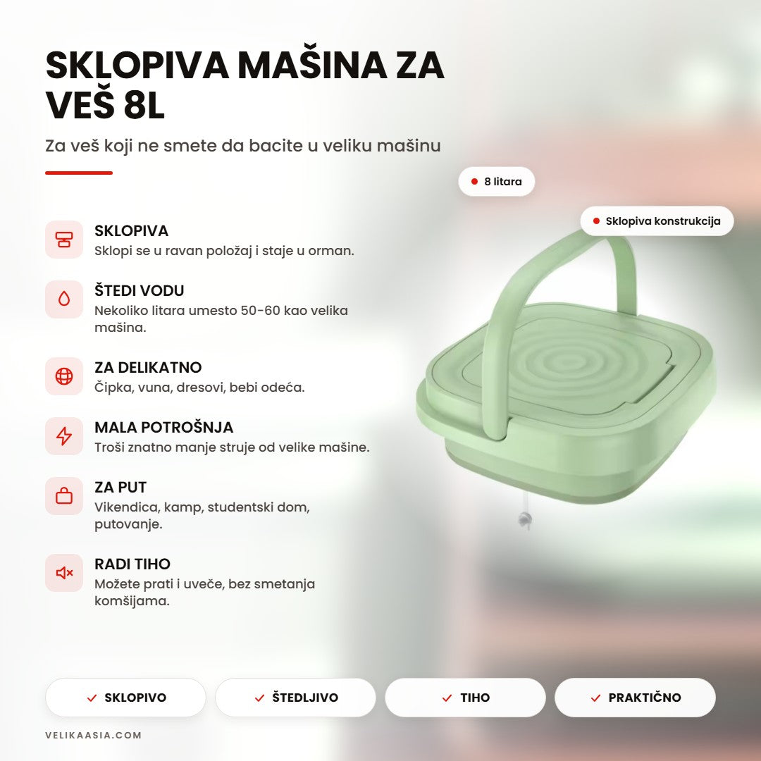 Sklopiva mašina za pranje veša 8L — naslovna infografika